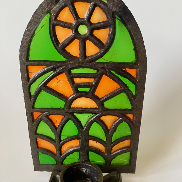 Vintage Cast Iron Stained Glass Mosaic Gothic Window Shaped Taper Candleholder - Picture 4 of 8
